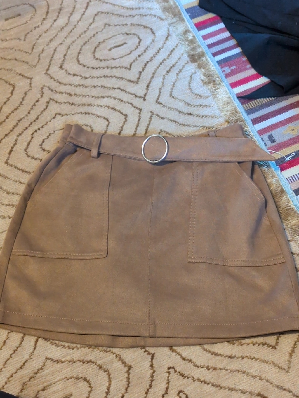 Bershka Tan Faux Suede Mini Skirt with Ring Belt Small